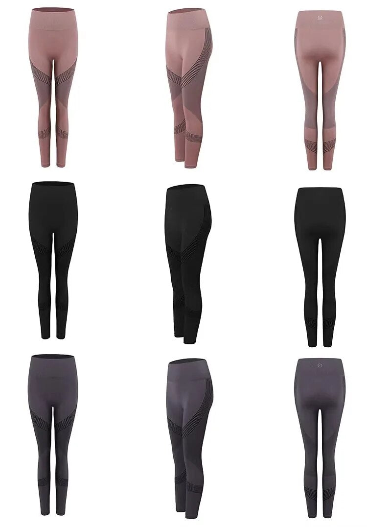 Neun Paar Damen-Leggings in Rosa, Schwarz und Grau, Sportbekleidung, elastisch, atmungsaktiv.
