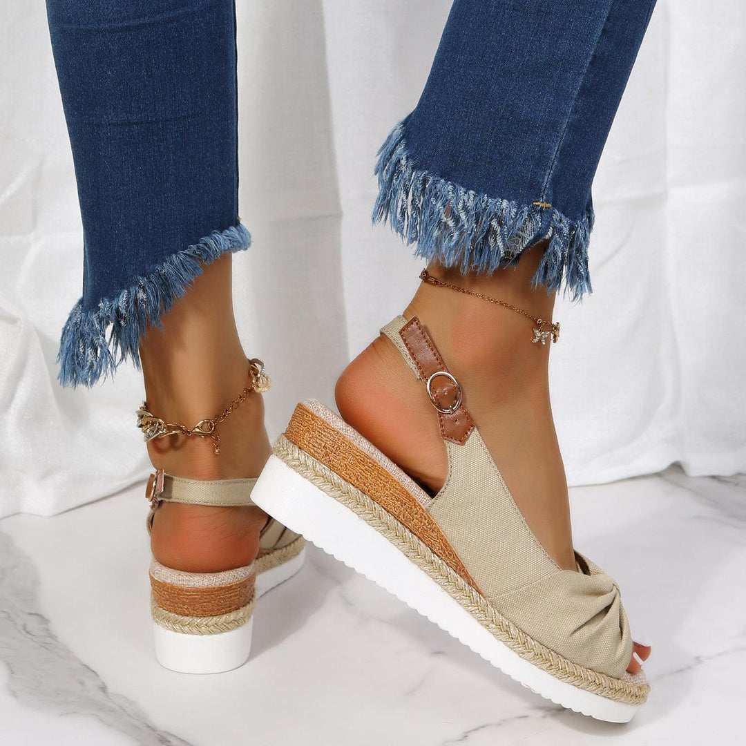 Damen-Sandalen beige mit Keilabsatz, bequem, Sommermode, Jeans, Knöchelriemen, Leosa.