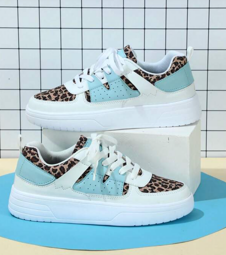 Leopard Sneaker Damen, weiß-blau, modisch, bequem, Freizeitschuh, trendig, Turnschuh.