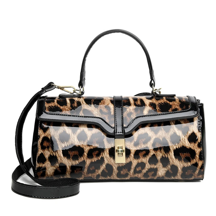 Leopardenmuster Handtasche, schwarz-braun, Leder, Damenmode, elegantes Design, Schulterriemen.
