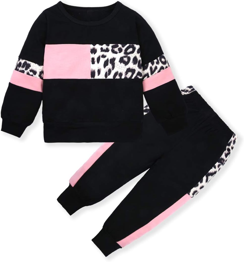 Schwarzer Kinder-Trainingsanzug mit rosa und Leopardenmuster, Baumwolle, bequem, modisch.