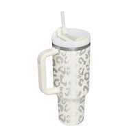 Leopard Thermobecher mit Henkel, Edelstahl, beige-grau, Trinkhalm, 1 Liter, isoliert.