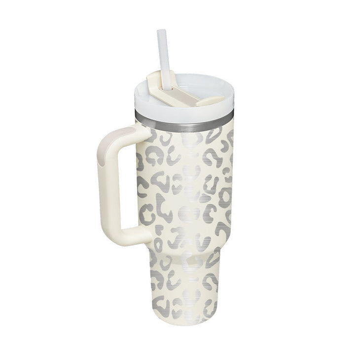 Leopard Thermobecher mit Henkel, Edelstahl, beige-grau, Trinkhalm, 1 Liter, isoliert.