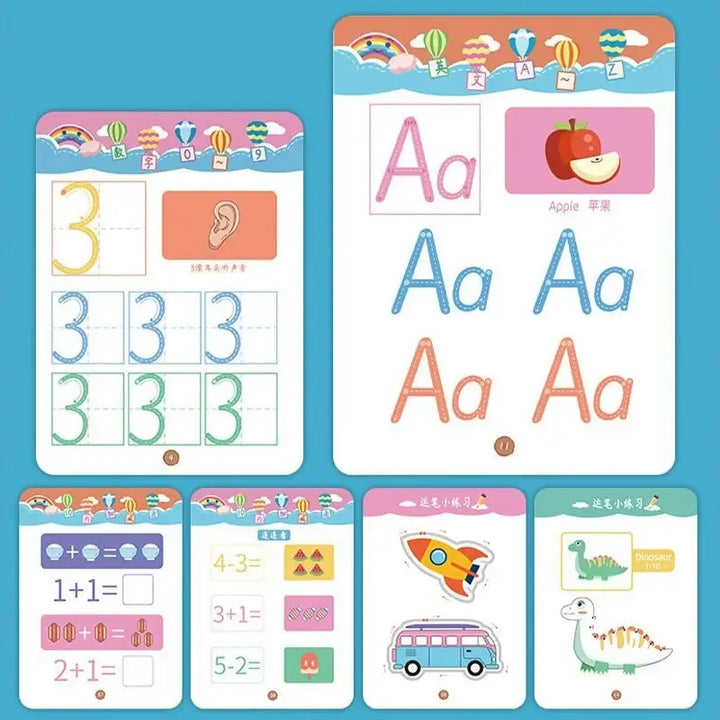 Lernkarten für Kinder, Alphabet und Zahlen, bunte Illustrationen, pädagogisches Spielzeug.