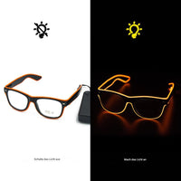 Leuchtende LED-Brille, schwarz-orange, mit Ein-/Ausschalter, modisches Accessoire.