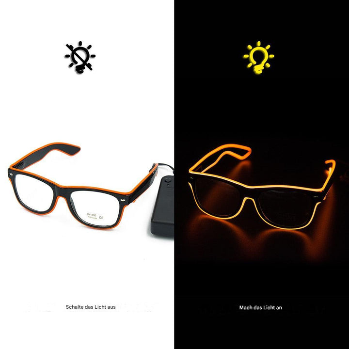 Leuchtende LED-Brille, schwarz-orange, mit Ein-/Ausschalter, modisches Accessoire.