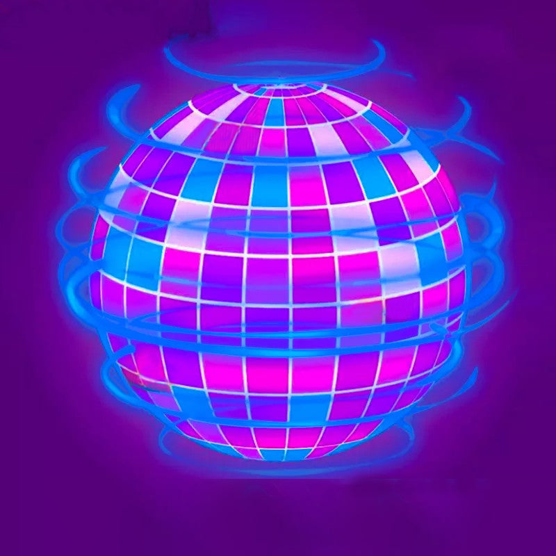 Leuchtende lila Discokugel mit blauen Wirbeln, Retro-Design, Party-Dekoration, Neon-Effekt.