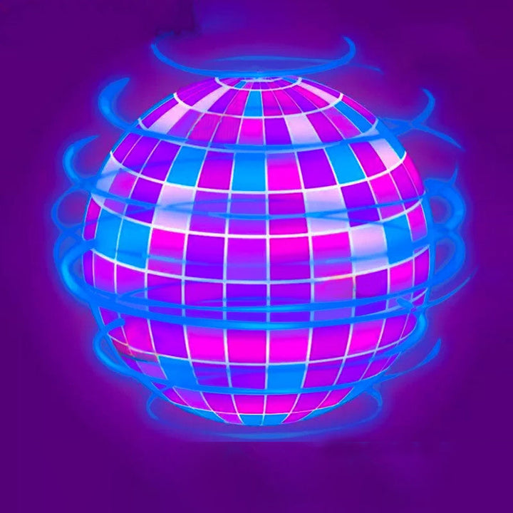 Leuchtende lila Discokugel mit blauen Wirbeln, Retro-Design, Party-Dekoration, Neon-Effekt.
