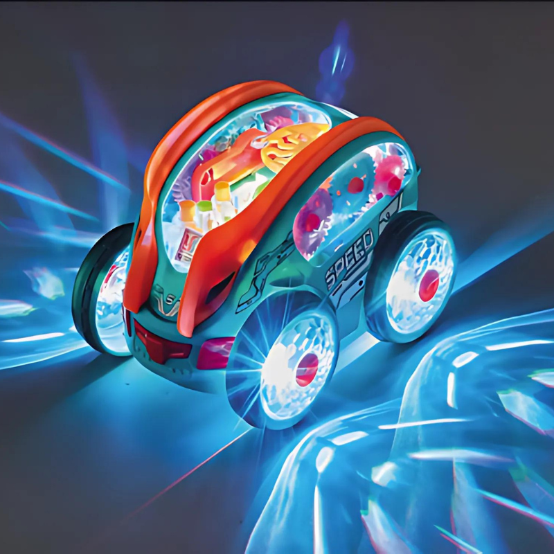 Leuchtendes Spielzeugauto mit LED-Rädern, orange-blaues Design, für Kinder, Geschwindigkeitsspielzeug.