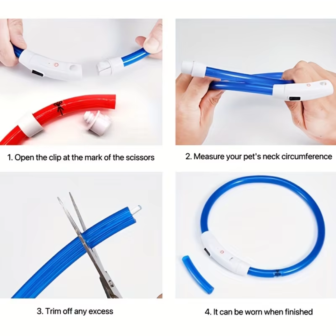 Blaues LED-Halsband für Haustiere, verstellbar, schneidbar, Sicherheitslicht, USB-aufladbar.