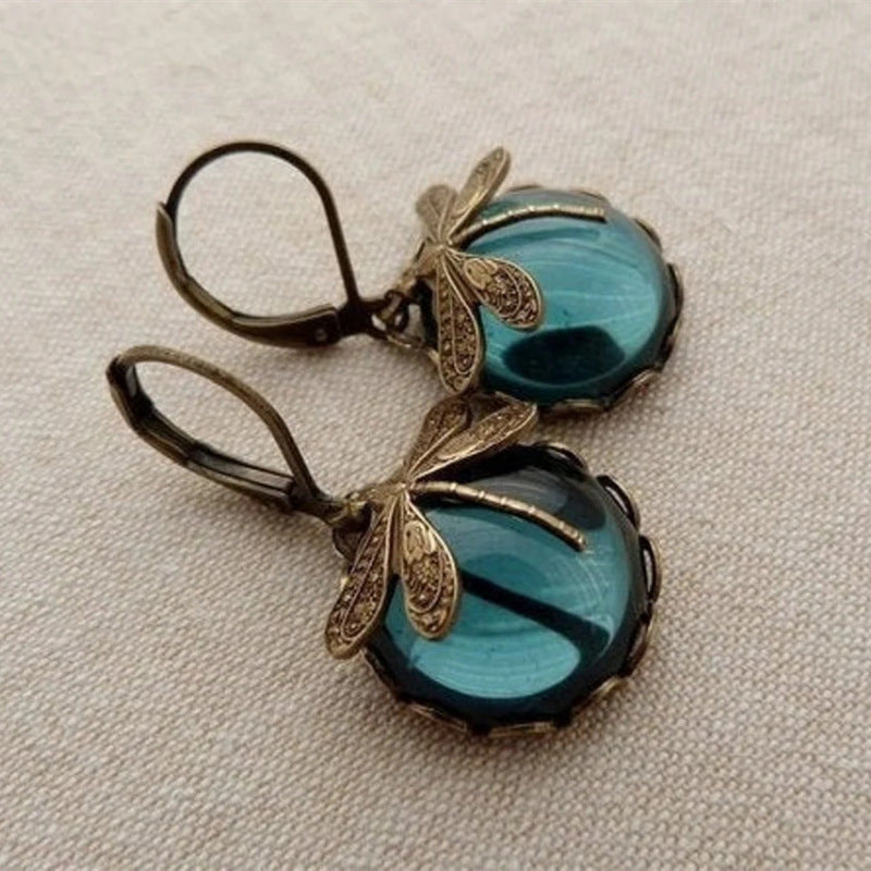Vintage Ohrringe mit Libellen-Design, bronzefarben, blaues Glas, handgefertigt, Schmuck.