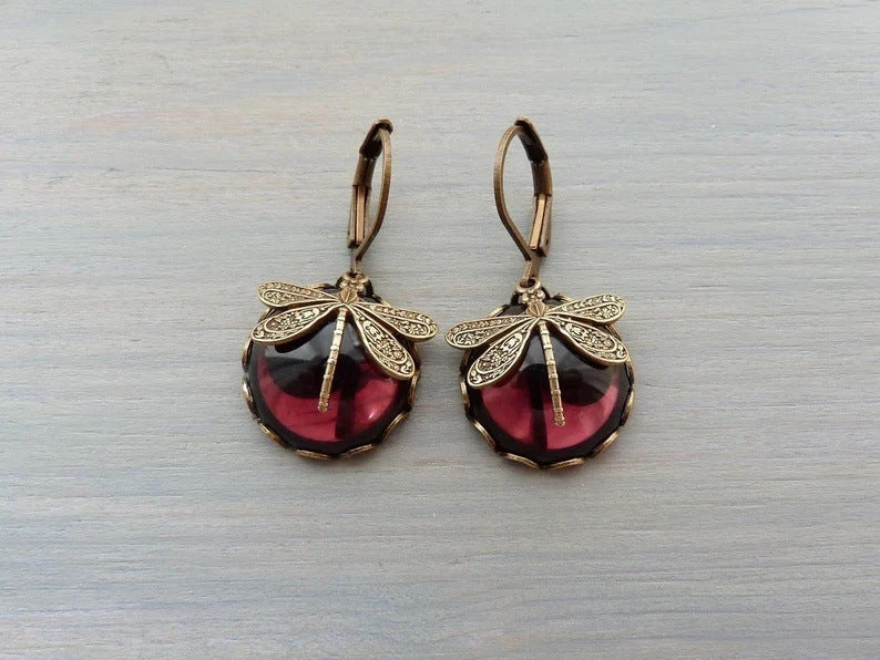 Ohrringe mit Libellenmotiv, rot-gold, Vintage-Stil, Schmuck für Damen