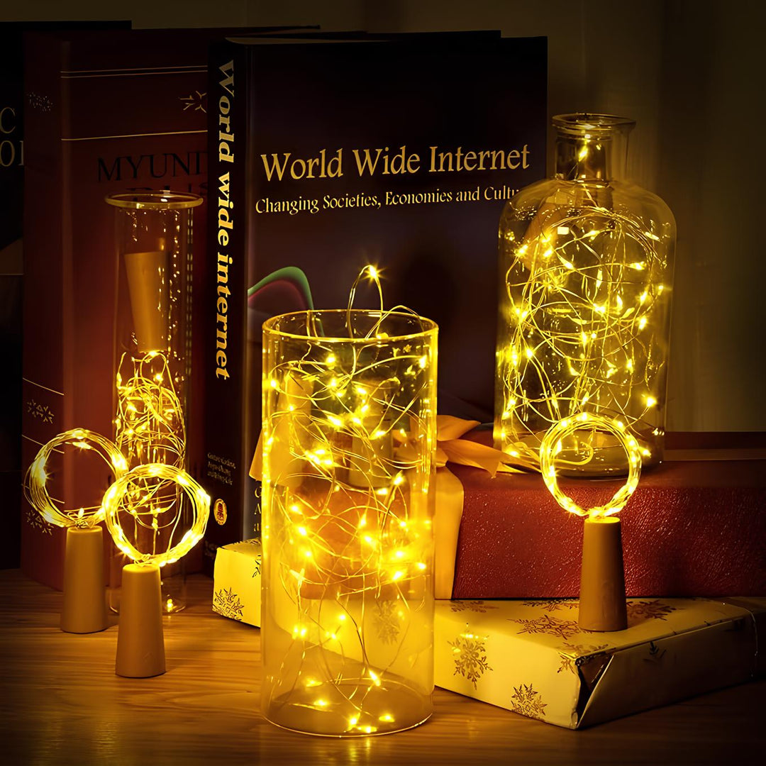 LED-Lichterketten in Glasvasen, warmweiß, dekorativ, für Wohnzimmer, stimmungsvolle Beleuchtung.