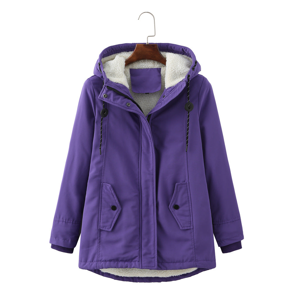 Lila Damenjacke mit Kapuze, Fleece-Innenfutter, Wintermantel, warm, modisch, Outdoor-Bekleidung.