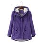Lila Damenjacke mit Kapuze, Fleece-Innenfutter, Wintermantel, warm, modisch, Outdoor-Bekleidung.