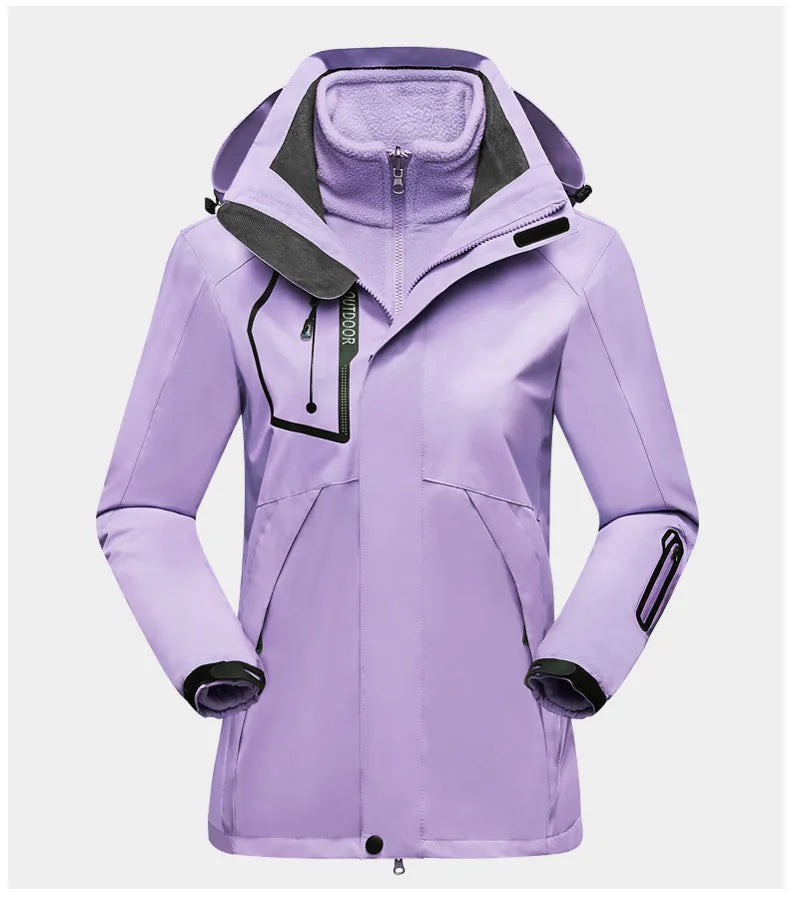 Lila Damen-Skijacke mit Kapuze, wasserdicht, winddicht, Outdoor-Winterjacke.