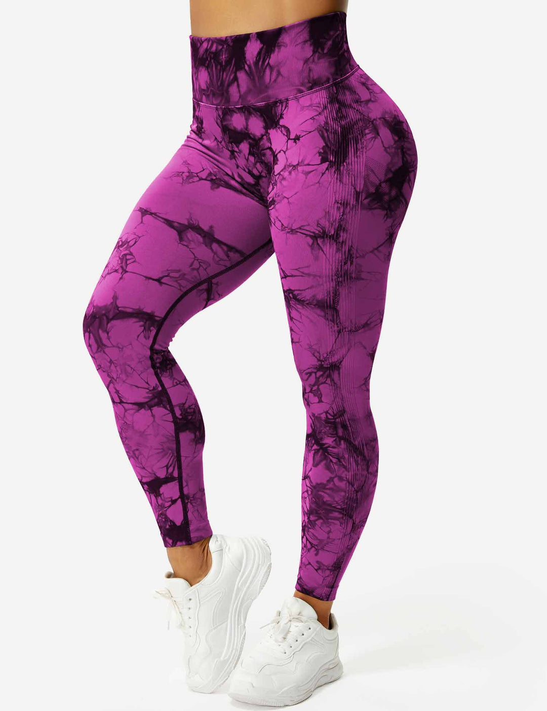 Damen Leggings lila-pink, Batikmuster, hohe Taille, Sportbekleidung, Fitnessmode.
