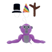 Lila Plüsch-Gorilla mit Zylinder, Partyhut und Astspielzeug, Kinderzimmer-Dekoration.