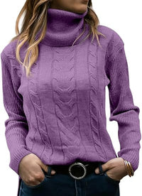 Lila Rollkragenpullover Damen, Zopfmuster, Strick, Wintermode, warm, elegant, Freizeitkleidung.