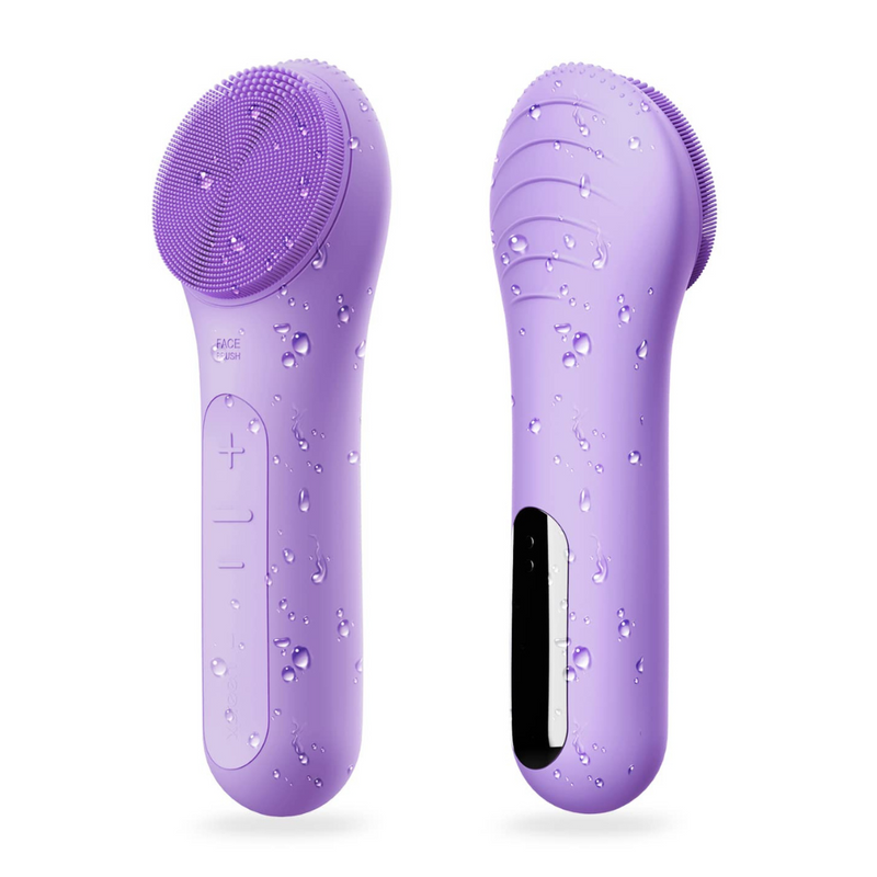Lila Silikon-Gesichtsreinigungsbürste, wasserdicht, elektrisch, mit Massagefunktion.