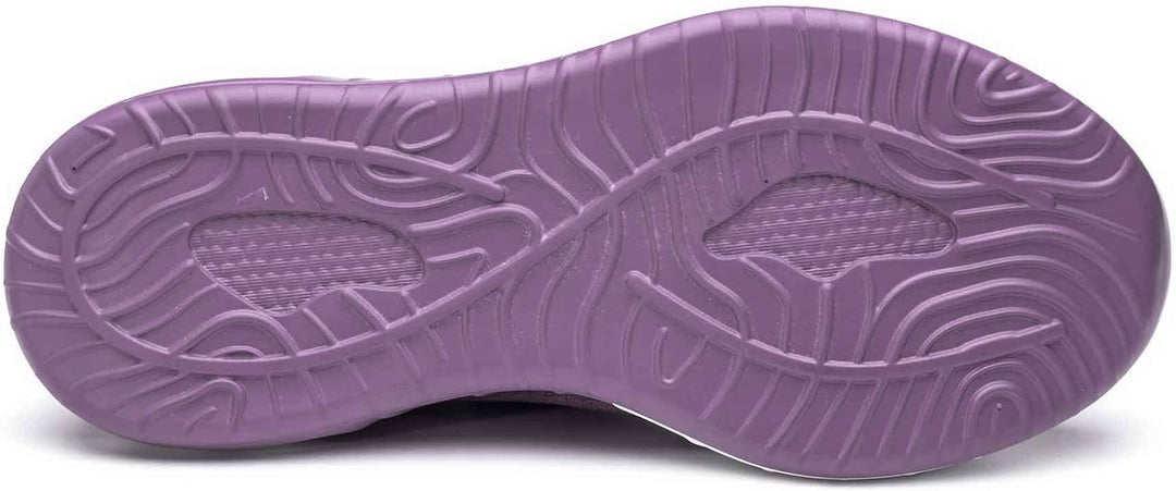Lila Sneaker-Sohle, rutschfestes Gummimaterial, wellenförmiges Profil, Sportschuh-Unterseite.