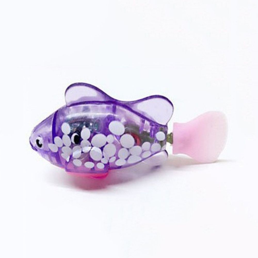 Lila batteriebetriebener Spielzeugfisch mit weißen Punkten und rosa Schwanzflosse.