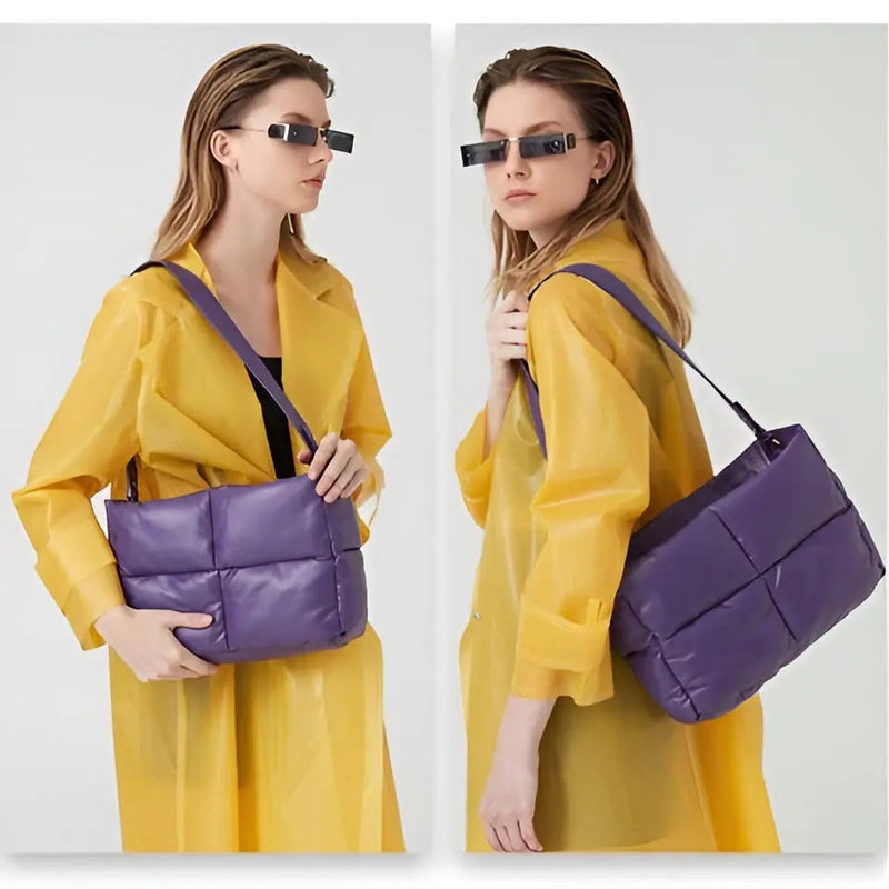 Frau mit gelber Jacke und lila Umhängetasche, moderne Sonnenbrille, Modeaccessoire.