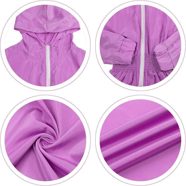Lila Kinder-Regenjacke mit Kapuze, Reißverschluss, elastischer Taille, wasserabweisend.