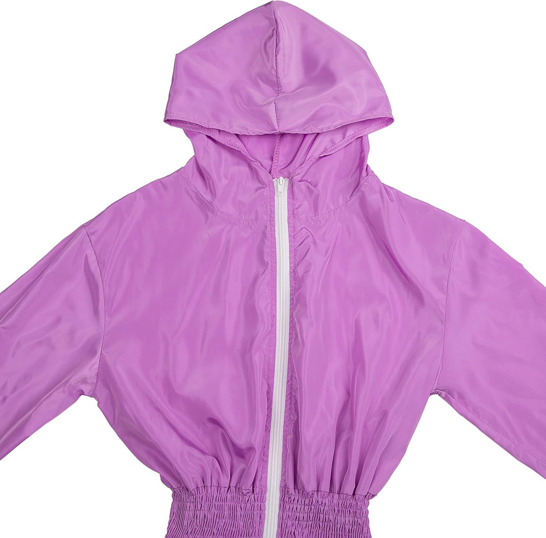 Lila Damen-Regenjacke mit Kapuze, Reißverschluss, wasserabweisend, Outdoor-Bekleidung.