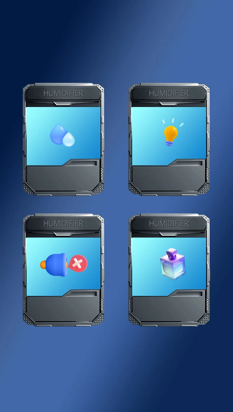 Vier digitale Luftbefeuchter-Icons auf blauem Hintergrund, Symbole für Wasser, Licht, Alarm, Filter.