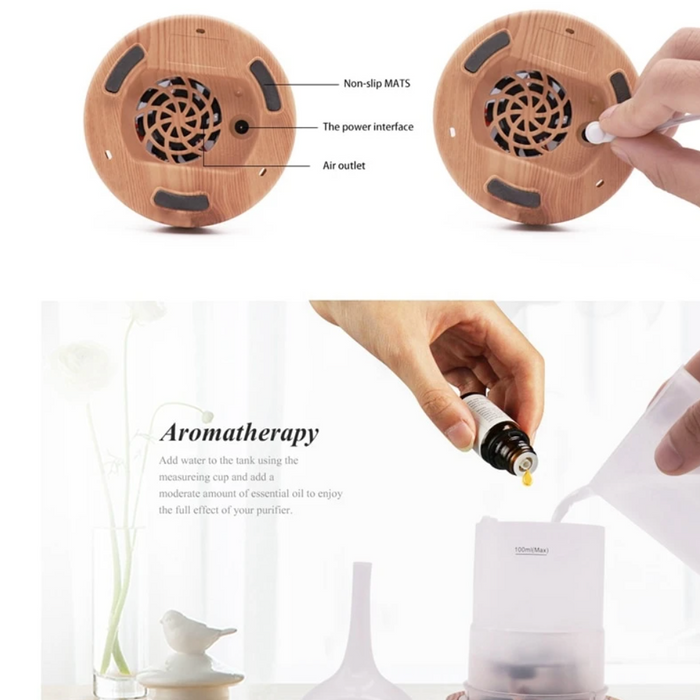 Holz-Aromadiffusor mit runder Form, rutschfesten Matten und Luftauslass, ideal für Aromatherapie.