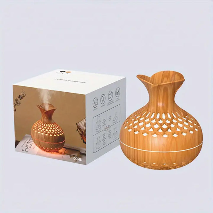 Holzoptik Aroma-Diffuser 300ml mit LED-Beleuchtung, dekorativer Luftbefeuchter, modern.