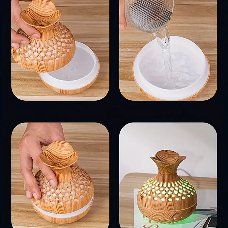 Luftbefeuchter Holzoptik, LED-Beleuchtung, Wasserbefüllung, modernes Design, Aromadiffusor.