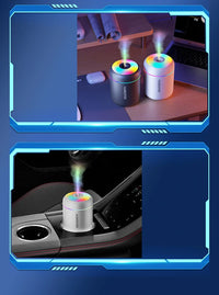 Tragbarer Luftbefeuchter mit LED-Licht, USB-betrieben, für Auto und Büro, in Schwarz und Weiß.