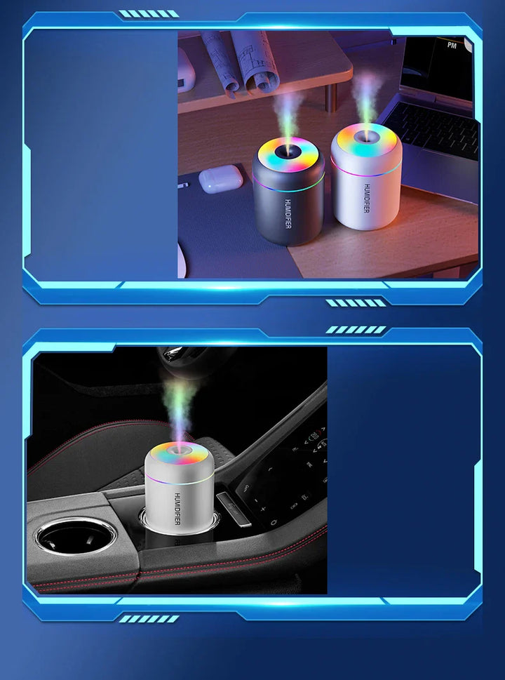 Tragbarer Luftbefeuchter mit LED-Licht, USB-betrieben, für Auto und Büro, in Schwarz und Weiß.