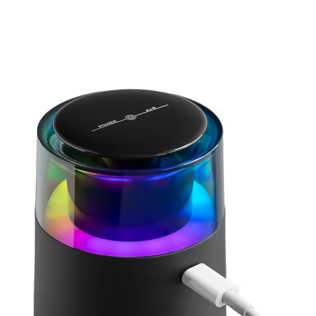 Schwarzer Bluetooth-Lautsprecher mit LED-Licht, USB-Anschluss, modernem Design, kabellos.