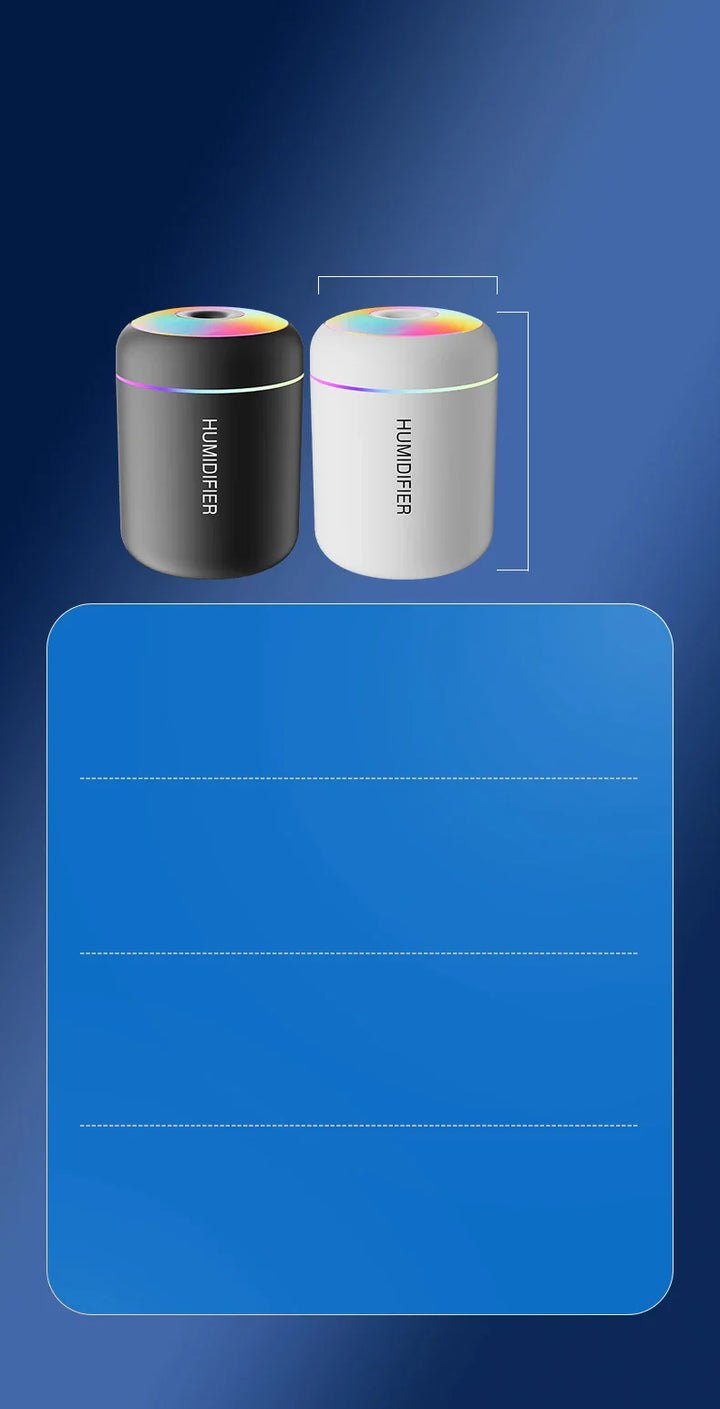 Schwarzer und weißer Luftbefeuchter mit LED-Licht auf blauem Hintergrund.