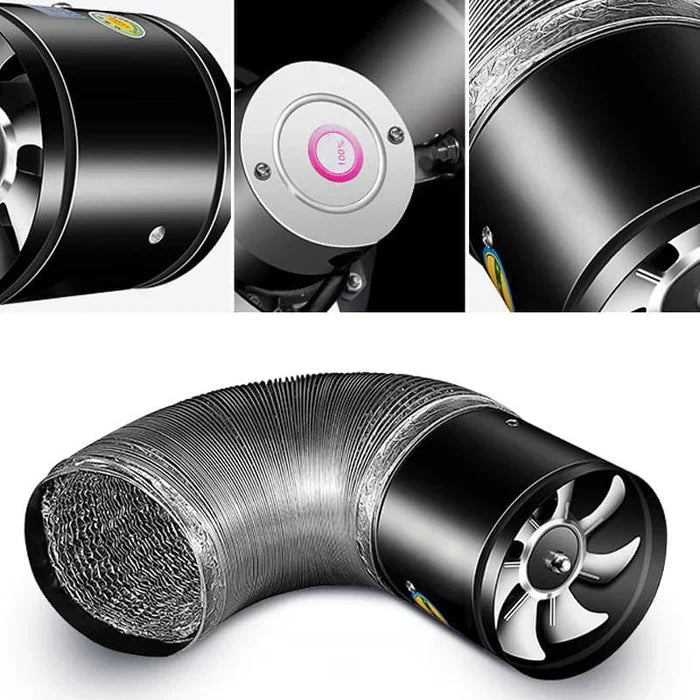 Schwarzer Rohrventilator mit flexiblem Schlauch, Metall, für Belüftungssysteme.