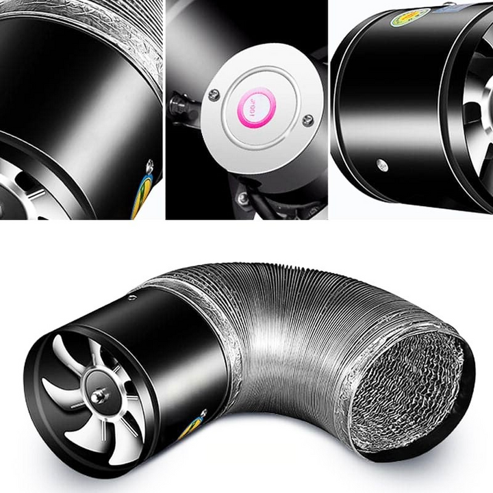 Schwarzer Rohrventilator mit flexiblem Schlauch, leise, energieeffizient, für Belüftungssysteme.