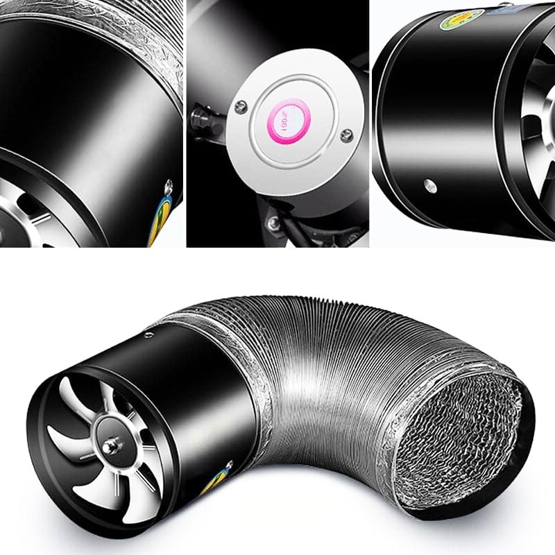 Schwarzer Rohrventilator mit flexiblem Schlauch, leise, energieeffizient, für Belüftungssysteme.