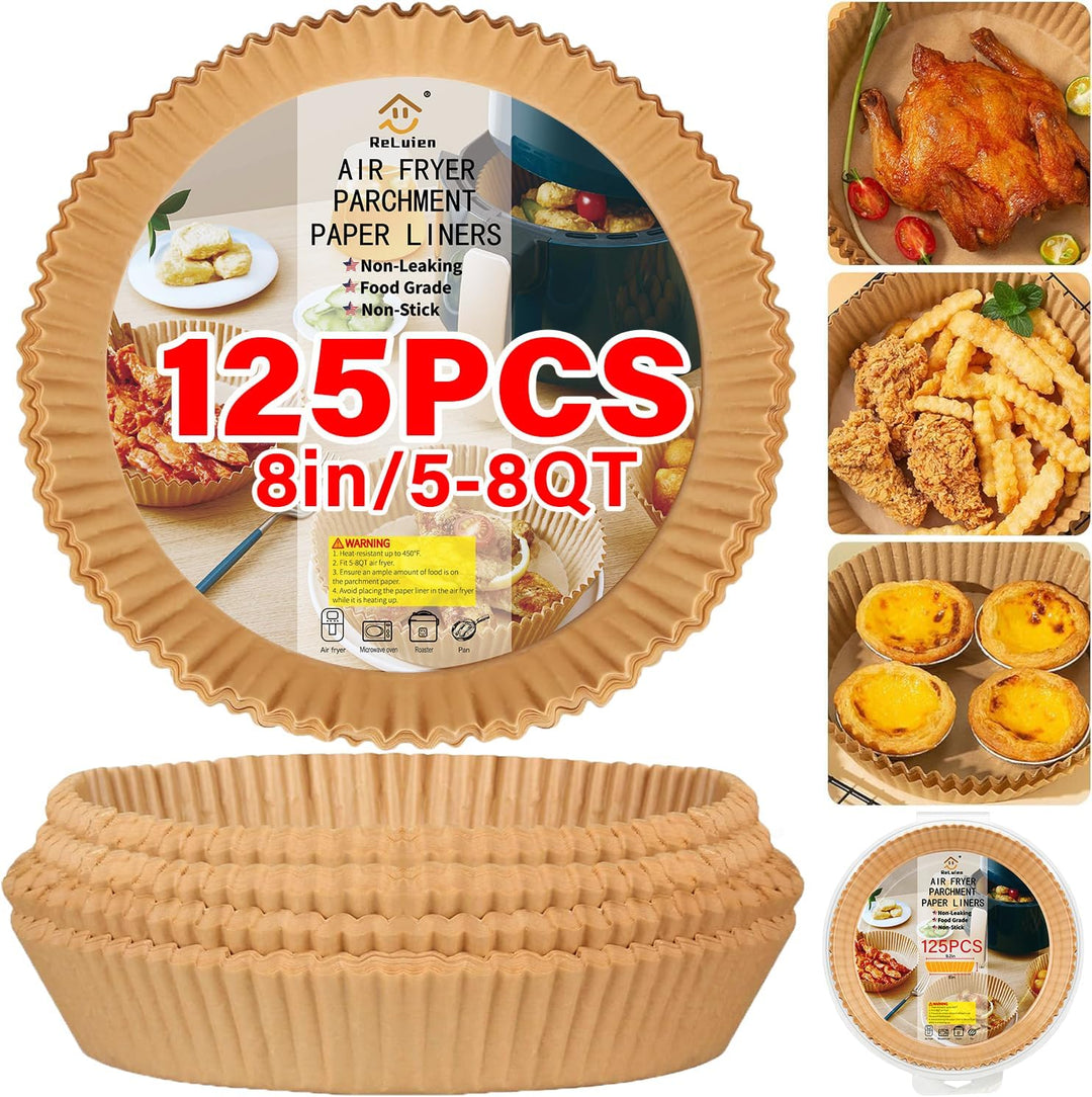 Luftfritteuse Backpapier, 125 Stück, 8 Zoll, braun, antihaftbeschichtet, lebensmittelecht.