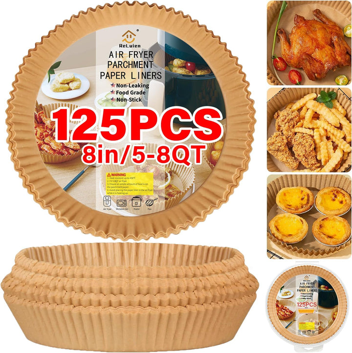 Luftfritteuse Backpapier, 125 Stück, 8 Zoll, braun, antihaftbeschichtet, lebensmittelecht.