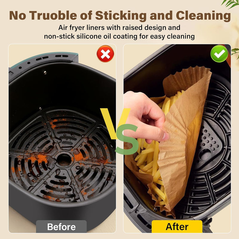 Luftfritteuse Einlagen, antihaftbeschichtet, schwarz, Papier, leicht zu reinigen, vor/nach Vergleich.