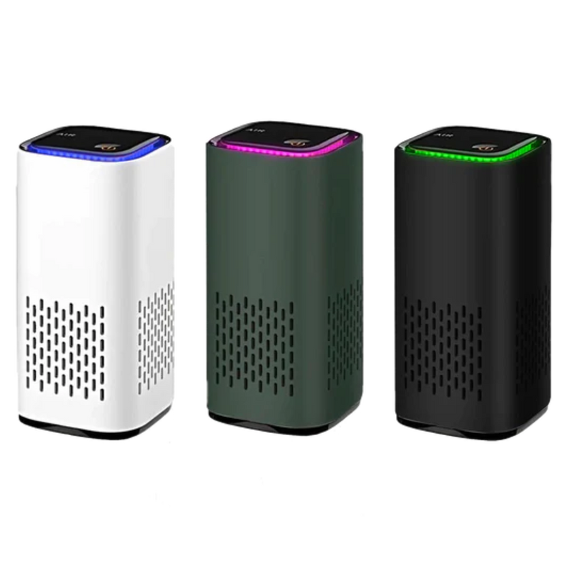 Drei Luftreiniger in Weiß, Grün und Schwarz mit LED-Leuchten, modernem Design, HEPA-Filter.
