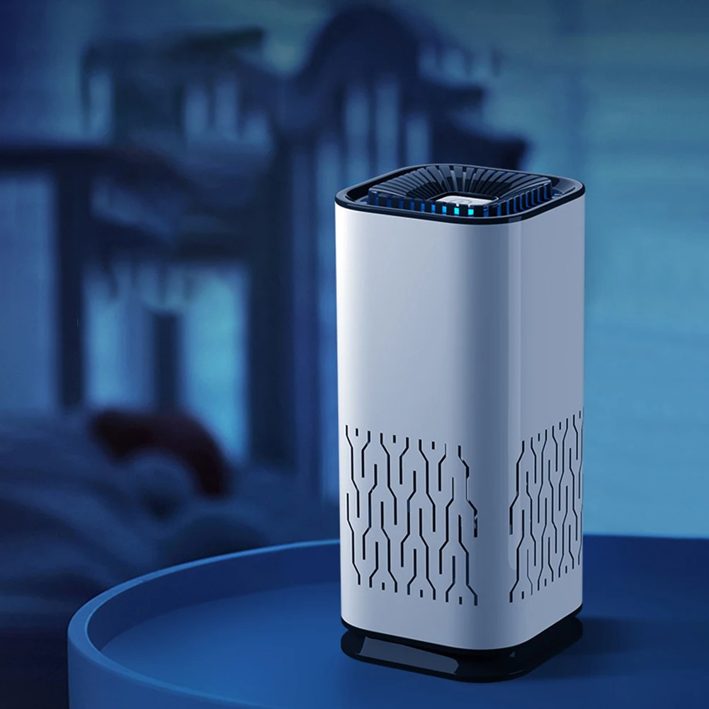 Moderner weißer Luftreiniger, rechteckig, mit schwarzem Gitter, für saubere Raumluft.