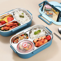 Blaue Bento-Box aus Edelstahl mit Fächern für Reis, Gemüse und Hähnchen, ideal für Mahlzeiten.