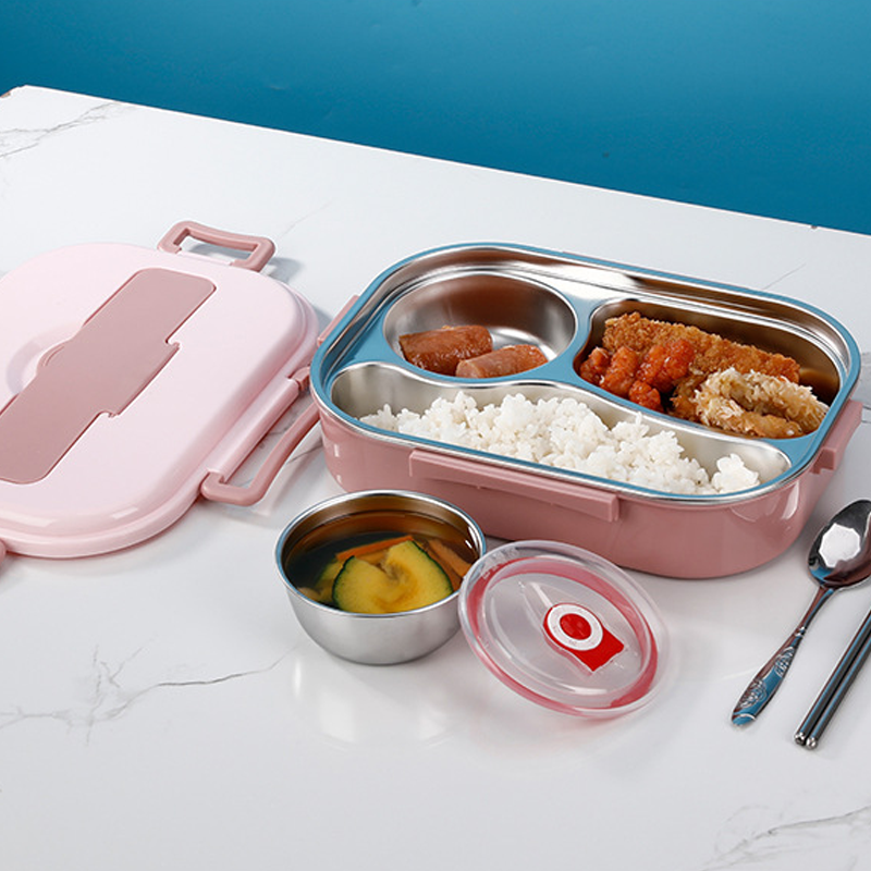 Rosa Bento-Box aus Edelstahl mit Fächern, ideal für Mahlzeiten unterwegs, inkl. Löffel und Schüssel.