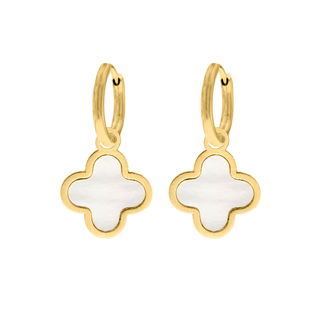 Goldene Ohrringe mit Kleeblatt-Anhänger, Perlmutt, luxuriöses Design, modischer Schmuck.