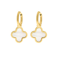 Goldene Ohrringe mit Kleeblatt-Anhänger, Perlmutt, luxuriöses Design, modischer Schmuck.