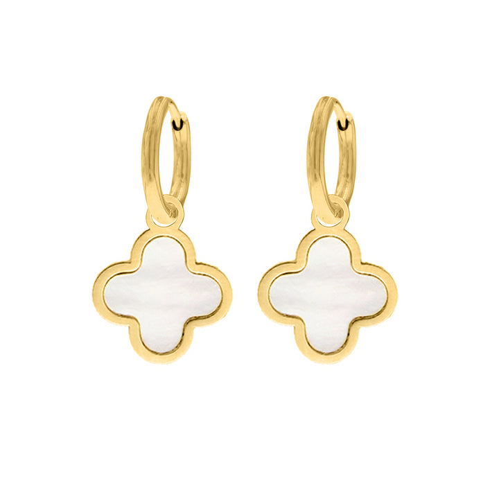 Goldene Ohrringe mit Kleeblatt-Anhänger, Perlmutt, luxuriöses Design, modischer Schmuck.